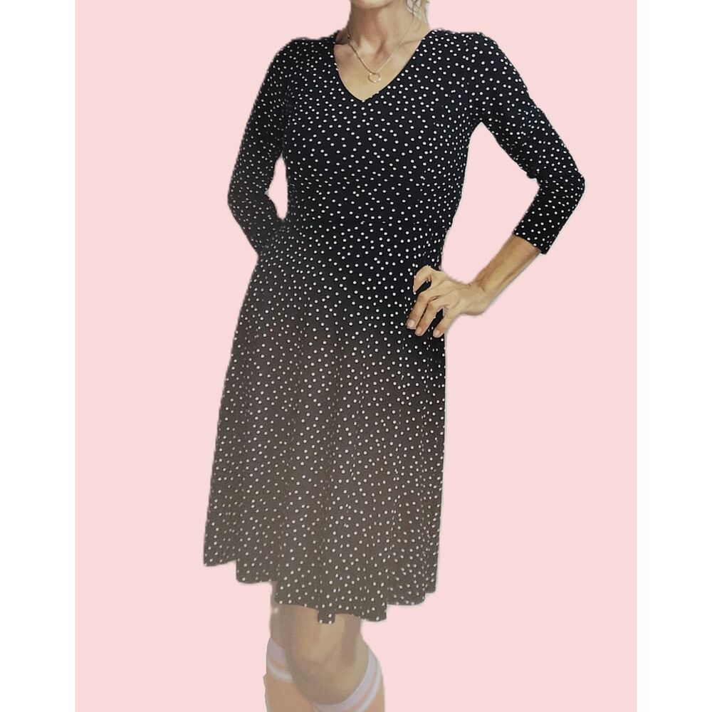 Tommy Hilfiger ~ Black White Polka Dot Long Sleeve Midi Dress ~ Size Medium